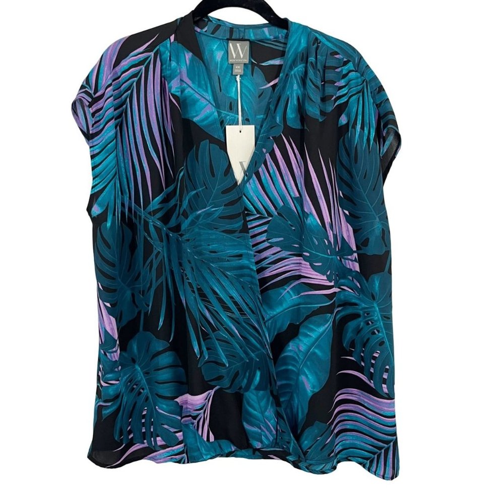 Worthington NEW Palm Leaf Print Should Sleeve Blouse‎ Black Green Purple - XXL